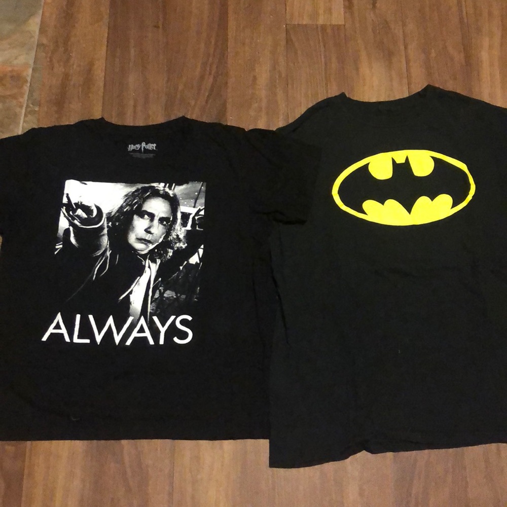 2 black T-shirts. Harry Potter and Batman